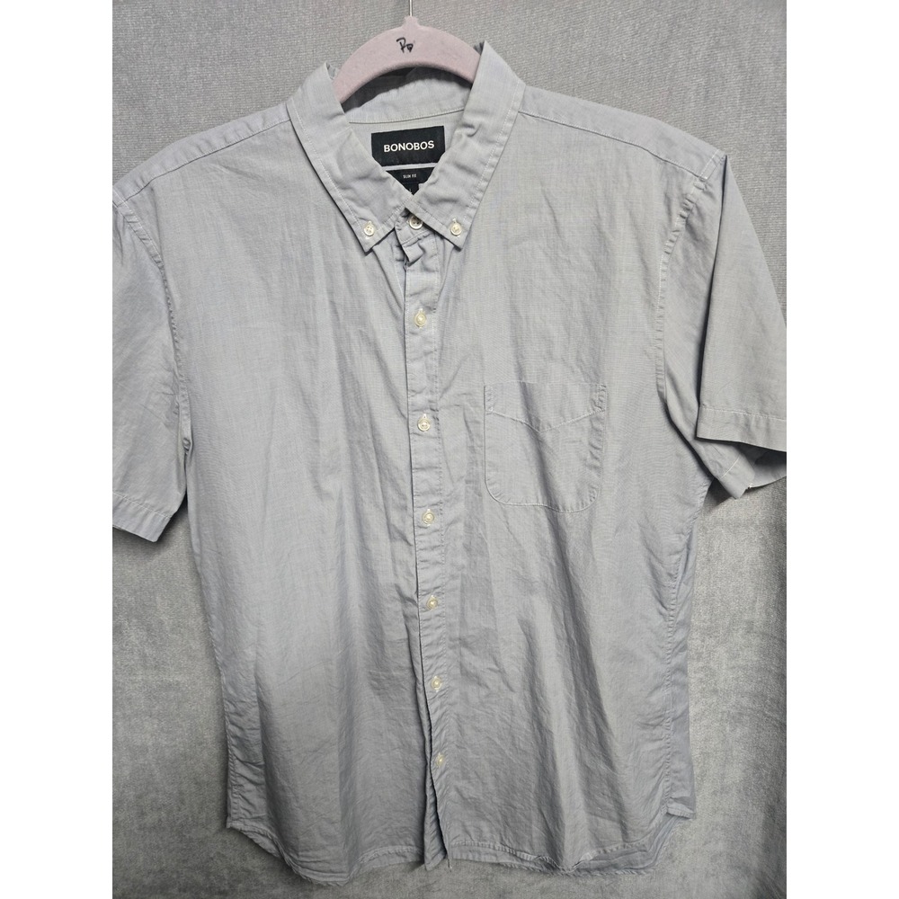 Bonobos Mens Slim Fit Short Sleeve Button Down‎ Shirt Light Blue Cotton Large